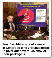 Text Box:  

Sen. Daschle is one of several
in Congress who are unabashed
to point out how much smaller
their package is.
